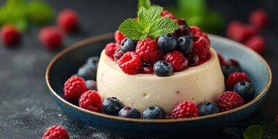Delicious dessert featuring creamy panna cotta topped with fresh berries and mint on a dark background photo
