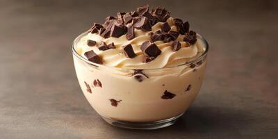 Delicious dessert featuring creamy layers and chocolate chunks in a glass bowl for a delightful treat photo