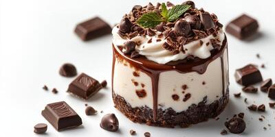 Decadent chocolate dessert topped with cream and mint leaves on a white background photo