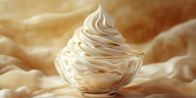 Creamy soft serve ice cream swirls beautifully in a clear glass bowl under warm lighting photo