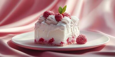 Delightful raspberry dessert topped with cream and garnished on a soft pink fabric photo