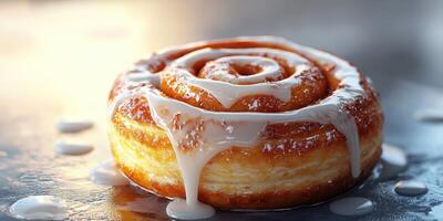 Sweet cinnamon roll drizzled with icing sits on a shiny surface in warm light photo