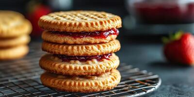 Delicious homemade strawberry jam sandwiches stacked on a cooling rack with fresh fruit nearby photo