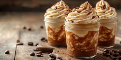 Creamy coffee dessert topped with whipped cream and cocoa served in glass jars on wooden table photo