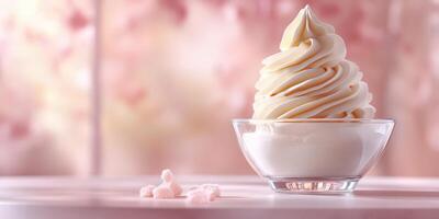 Soft serve ice cream in a glass bowl with pastel background and sugar sprinkles in a cozy setting photo
