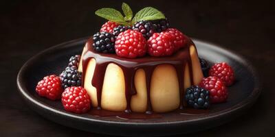 Delightful dessert featuring rich chocolate sauce and fresh berries served on a dark plate photo