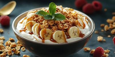 Refreshing yogurt bowl topped with bananas, granola, and raspberries for a nutritious breakfast or snack option photo