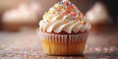 Delicious cupcake topped with creamy frosting and colorful sprinkles on a rustic wooden table photo
