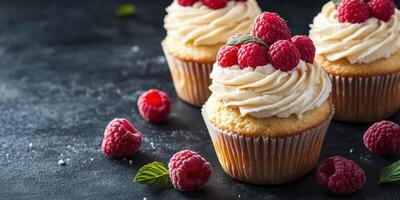 Scrumptious raspberry cupcakes with creamy frosting on a dark textured background photo