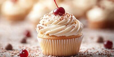 Cupcake decorated with cherry and sprinkles on a rustic table during a cozy baking event photo