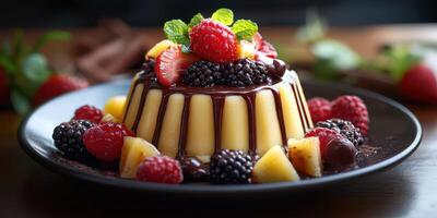 Delicious dessert featuring a creamy mousse topped with fresh fruits and chocolate on a rustic wooden table photo