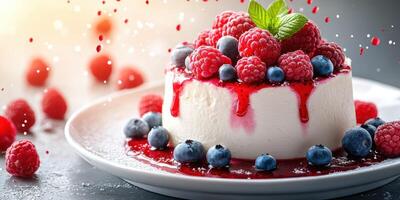 Delicious dessert garnished with fresh berries and raspberry sauce on a plate photo