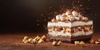 Decadent dessert with layers of chocolate, cream, and toppings showcased on a dark background photo