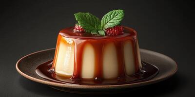 Creamy dessert topped with fresh mint and raspberry on a dark plate in a dim setting photo