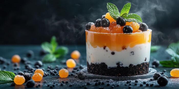 Delicious dessert with layers of yogurt, fruit, and mint served on a dark background photo