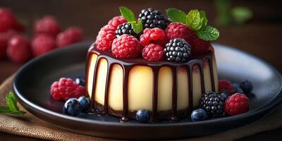 Delicious dessert topped with fresh berries and chocolate sauce served on a black plate photo