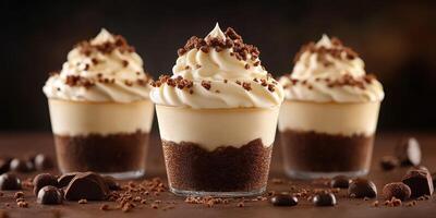 Delightful dessert cups with creamy frosting and chocolate toppings served in an elegant setting photo