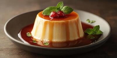 Delicious creamy flan topped with fresh berries and mint leaves served on a dark plate photo