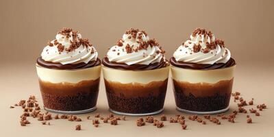 Delicious layered dessert cups with cream and chocolate on a neutral background photo