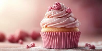 Delicious raspberry cupcake with pink frosting and decorative toppings on a soft background photo