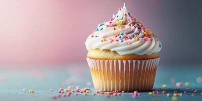 Indulgent cupcake topped with colorful sprinkles in a soft pastel setting photo