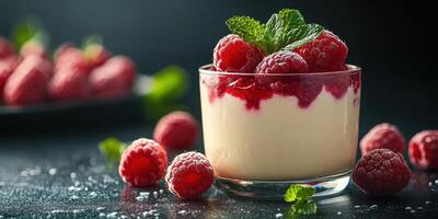 Creamy dessert with fresh raspberries and mint leaves served in a glass at a dark setting photo
