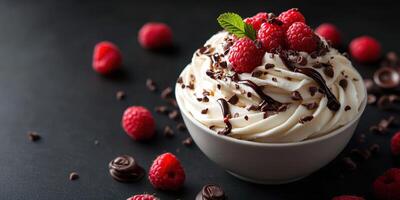 Creamy dessert topped with fresh raspberries and chocolate shavings on a dark background photo