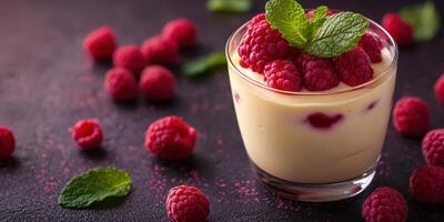 Decadent raspberry dessert with fresh mint arranged on a dark surface, highlighting a rich and creamy texture photo