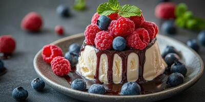 Delicious dessert garnished with fresh berries and chocolate sauce on a dark plate served during a summer gathering photo
