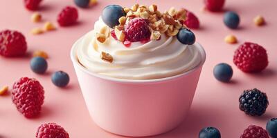 Delicious frozen yogurt topped with fresh berries and crunchy granola in a pink background setting photo