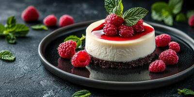 Creamy cheesecake with raspberry topping and fresh mint on a dark plate for a gourmet dessert experience photo