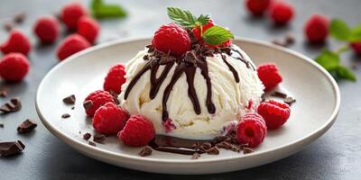 Delicious dessert featuring ice cream topped with chocolate sauce and fresh raspberries on a plate photo