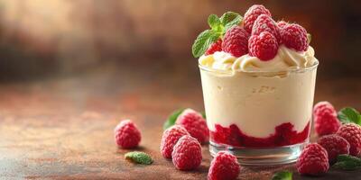 Decadent dessert of whipped cream and raspberries garnished with fresh mint on a rustic table setting photo