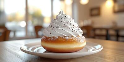 Delicious donut topped with whipped cream and sprinkles served on a plate in a cozy cafe setting photo