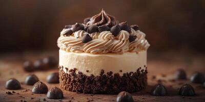 Delicious chocolate cake topped with creamy frosting and chocolate chips garnishes in a cozy setting photo