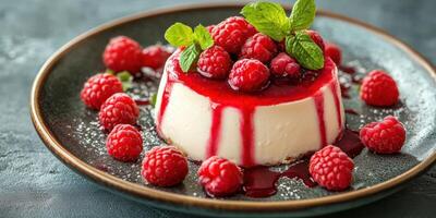 Delicious panna cotta dessert topped with fresh raspberries and mint on a dark plate served in a restaurant photo