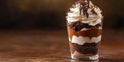 Dessert parfait layered with chocolate, cream, and cookies served in a glass dish photo