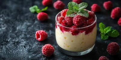 Delicious dessert featuring raspberries and mint on a dark stone surface photo