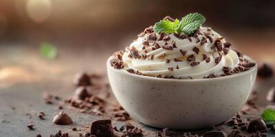 Creamy dessert topped with chocolate shavings and mint in an elegant setting photo