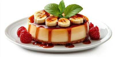 Delicious banana caramel dessert served with fresh raspberries and mint leaves on a white plate photo