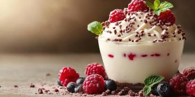 Delicious dessert featuring whipped cream, raspberries, and chocolate sprinkles in a rustic setting photo