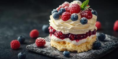 Delicious berry dessert on a black slate plate with cream and fresh berries in a cozy kitchen setting photo