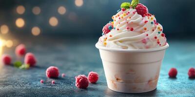 Delicious whipped cream dessert topped with fresh raspberries and colorful sprinkles served in a white cup on a dark surface photo