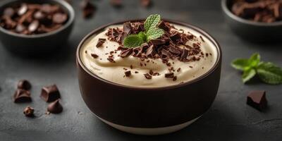 Delicious chocolate mousse with mint garnish served in a dark bowl on a table photo