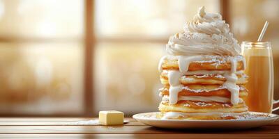 Delicious stacked pancakes with cream, syrup, and a drink on a wooden table at a cozy cafe during the morning photo