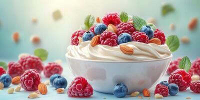 Fresh berries and creamy yogurt create a delicious healthy dessert for summer enjoyment in a bright kitchen setting photo