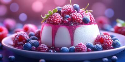 Delicious panna cotta topped with fresh raspberries and blueberries in a vibrant setting photo