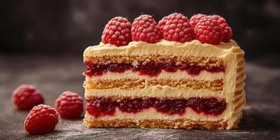 Layered cake with raspberry filling and fresh raspberries on top presented on a dark background photo