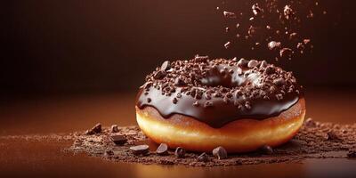 Chocolate glazed donut topped with chocolate crumbs and chips on a wooden table photo
