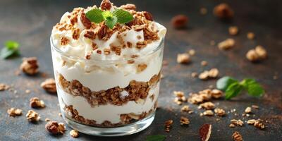 Delicious dessert featuring layers of yogurt, granola, and mint leaves in a clear glass container photo